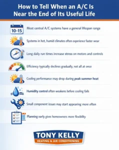 Infographic explaining common signs an air conditioning system is nearing the end of its useful life, including system age, long run times, declining efficiency, reduced humidity control, and increased component wear in North Florida homes.