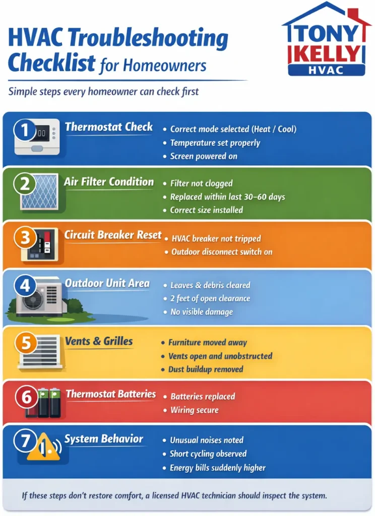 HVAC troubleshooting checklist infographic for homeowners showing thermostat checks, air filter replacement, circuit breaker reset, outdoor unit inspection, vent and grille airflow checks, thermostat battery replacement, and system behavior warning signs.