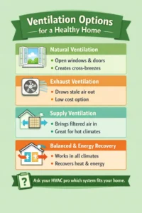 Ventilation options for homes include natural ventilation, like windows, or exhaust ventilation to leave stale air out of homes.