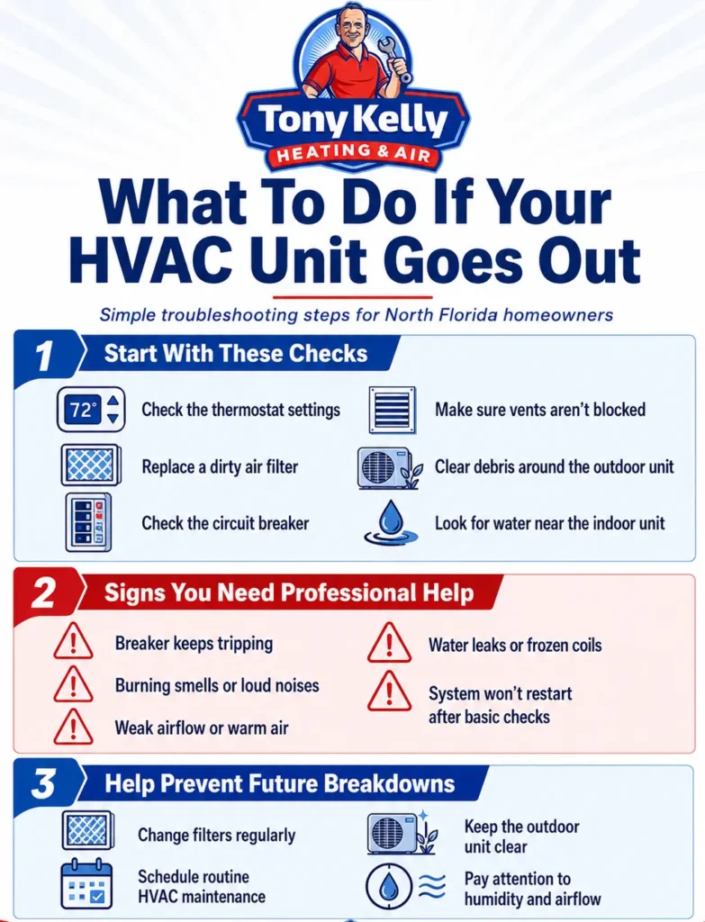 Infographic explaining what to do if your HVAC unit goes out, including thermostat checks, air filter replacement, breaker troubleshooting, blocked vents, water leaks, warning signs, and maintenance tips for North Florida homeowners.