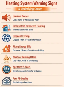 Heating system warning signs include unusual noises, frequent cycling, and poor air quality
