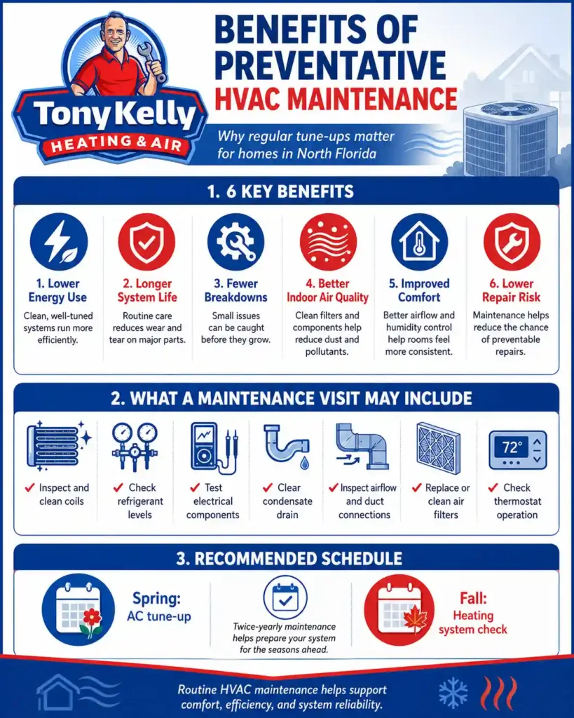 Infographic explaining the benefits of preventative HVAC maintenance for North Florida homes, including lower energy use, longer system life, fewer breakdowns, better indoor air quality, improved comfort, lower repair risk, common maintenance tasks, and recommended spring and fall tune-ups.