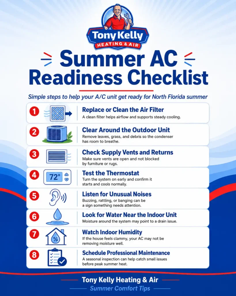 Summer AC readiness checklist for Tallahassee homeowners with steps to replace the air filter, clear the outdoor unit, check vents, test the thermostat, watch humidity, and schedule seasonal maintenance.