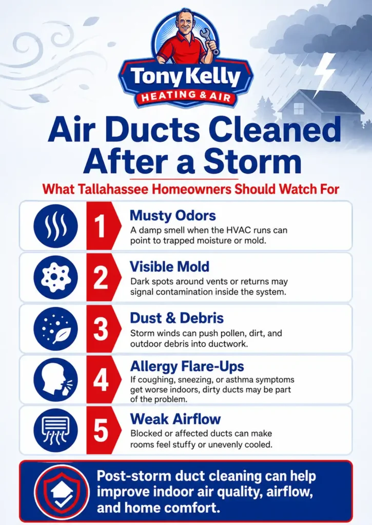 Infographic showing signs Tallahassee homeowners should watch for after a storm, including musty odors, visible mold, dust and debris, allergy flare-ups, and weak airflow.