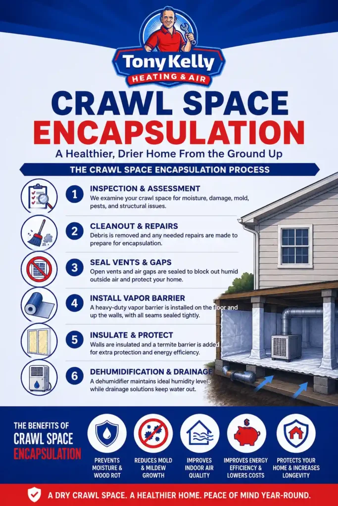 Infographic showing the crawl space encapsulation process, including inspection, cleanout, vent sealing, vapor barrier installation, insulation, dehumidification, drainage, and key benefits for moisture control and indoor air quality.