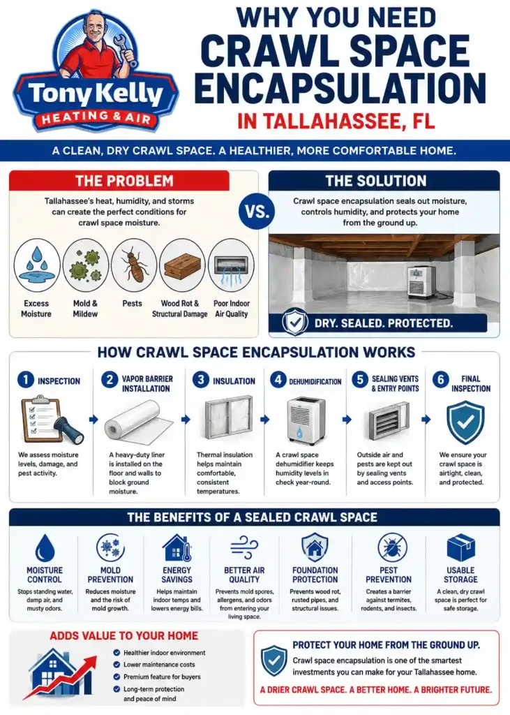 Infographic explaining why Tallahassee homeowners need crawl space encapsulation, including moisture and mold problems, encapsulation steps, and benefits like humidity control, better air quality, energy savings, and foundation protection.