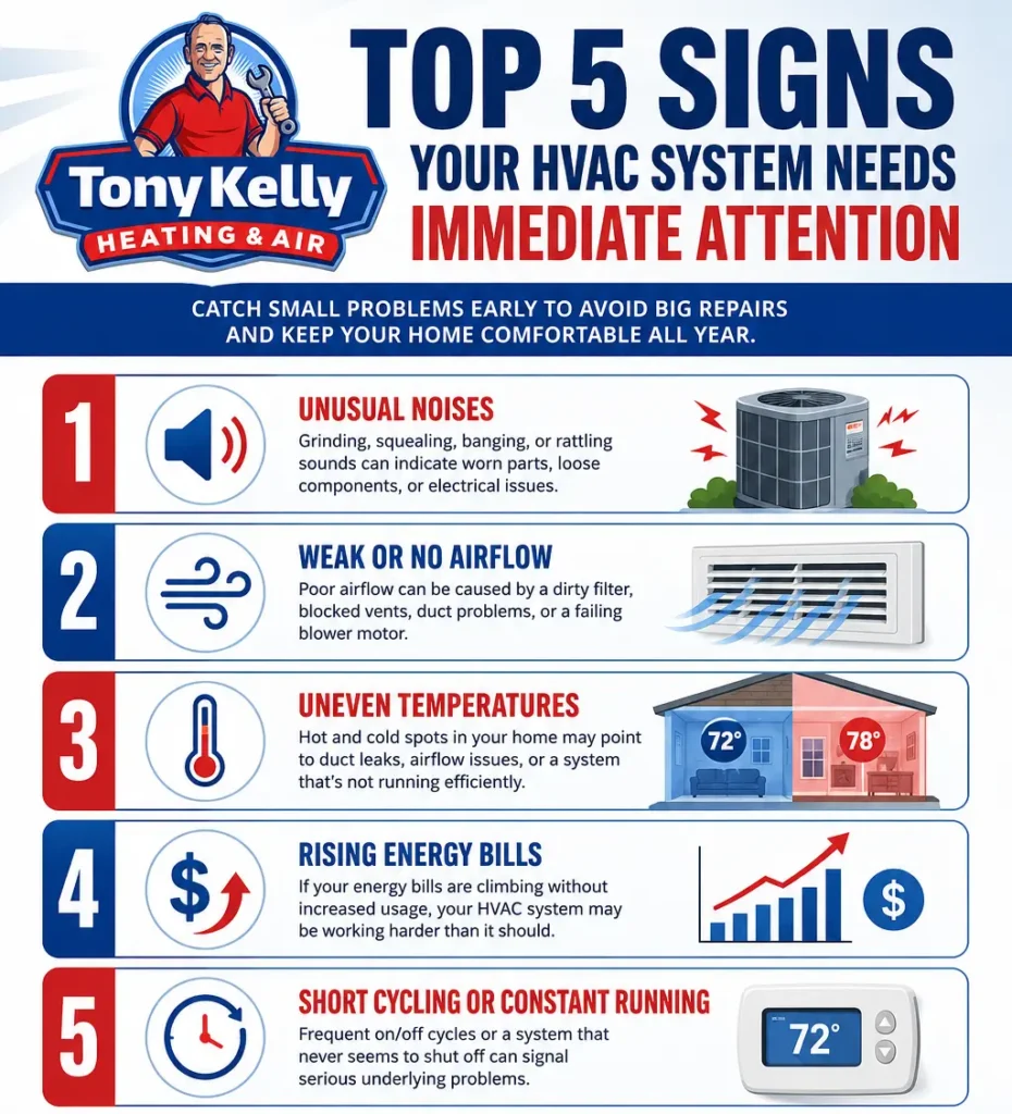 Infographic showing five signs of HVAC problems, including unusual noises, weak airflow, uneven temperatures, rising energy bills, and short cycling.