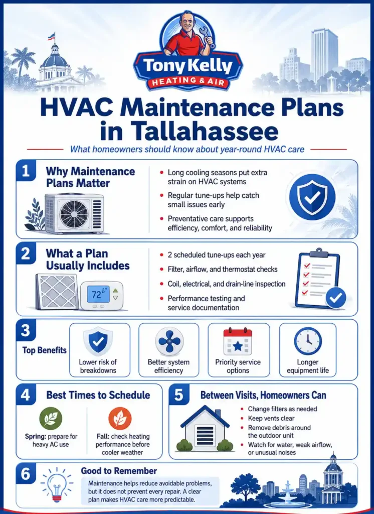 Infographic explaining HVAC maintenance plans in Tallahassee, including common plan features, seasonal scheduling, homeowner maintenance tasks, and key benefits.