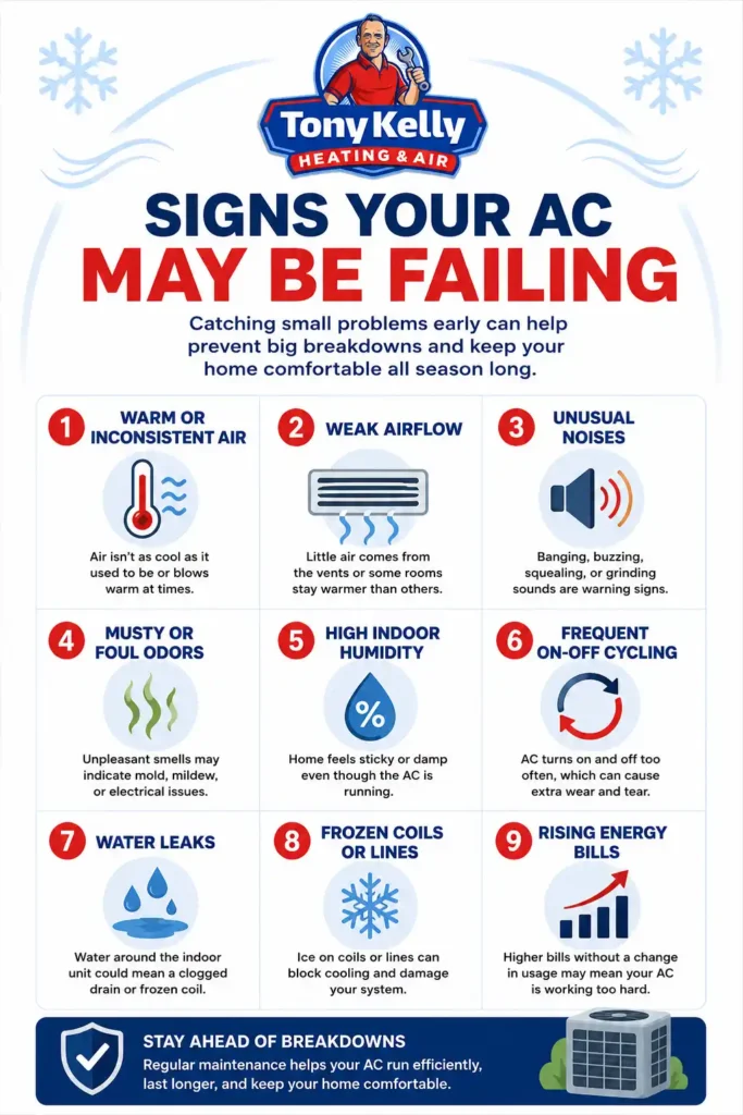 Infographic showing nine warning signs your AC may be failing, including warm air, weak airflow, unusual noises, musty odors, high humidity, short cycling, water leaks, frozen coils, and rising energy bills.