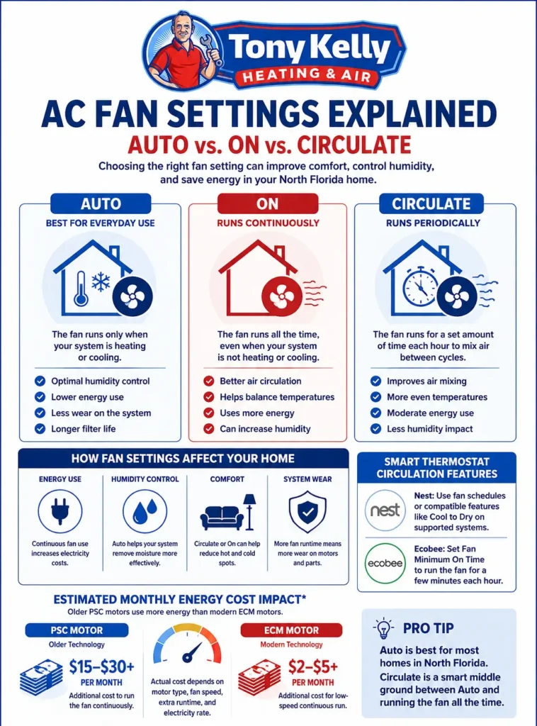 AC fan settings infographic comparing Auto, On, and Circulate modes, including energy use, humidity control, smart thermostat features, and PSC vs ECM blower costs