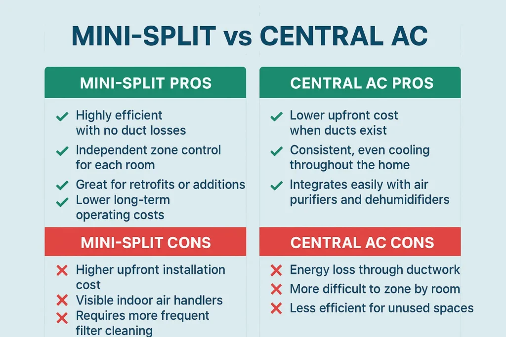 A chart showing the pros and cons of a Ductless Mini Split system and a central AC system
