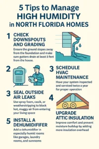 Five tips to manage high humidity in North Florida Homes, including identifying air leaks and upgrade insulation.