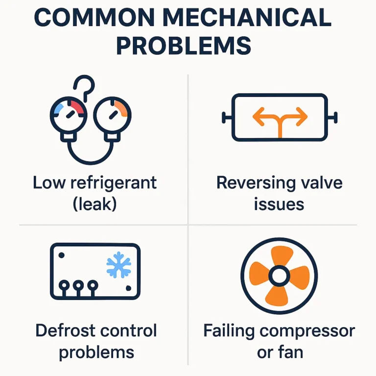 Infographic showing common mechanical heat pump problems that can cause cold air, including refrigerant leaks, reversing valve issues, defrost control failures, and compressor or fan motor problems