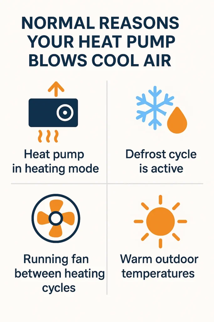 Infographic showing normal reasons a heat pump blows cool air in winter, including defrost mode, thermostat settings, cold outdoor temperatures, and airflow restrictions