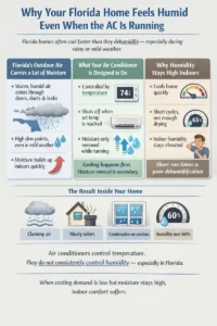 An infographics showing why Florida homes feel humid, including open windows, consistent storms, and poor ventilation.