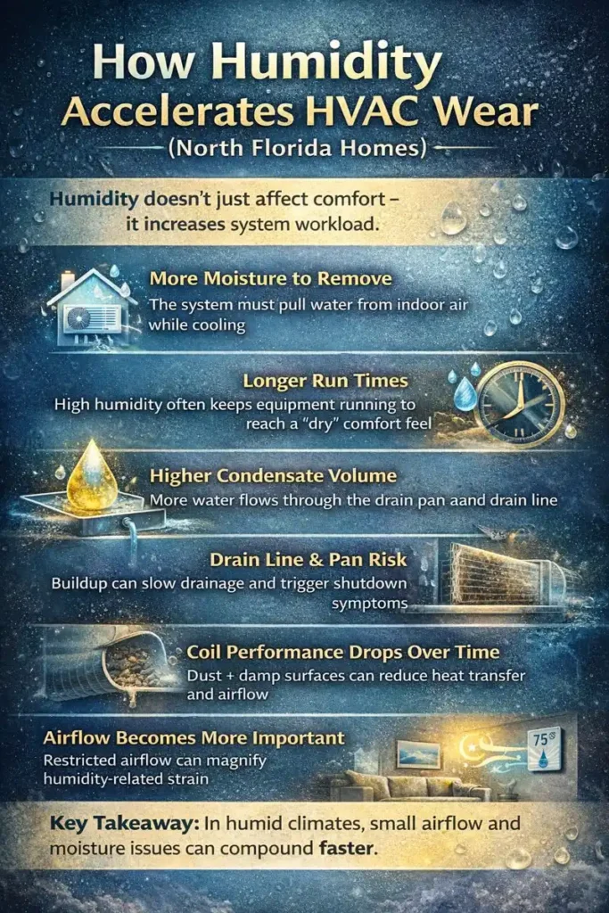 Humidity in North Florida increases HVAC workload by adding moisture removal demand, raising runtime, and contributing to coil and drain system issues.
