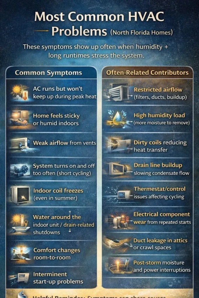 Common HVAC problems in North Florida include AC not keeping up, frozen coils, short cycling, drain line clogs, and electrical component wear, often tied to humidity and airflow.