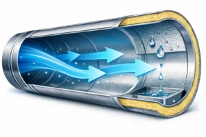 Diagram of a clean HVAC air duct with smooth airflow and reduced moisture after cleaning