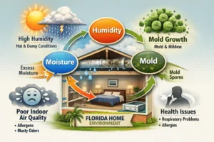 Florida home diagram showing how high humidity leads to moisture buildup, mold growth, and reduced indoor air quality