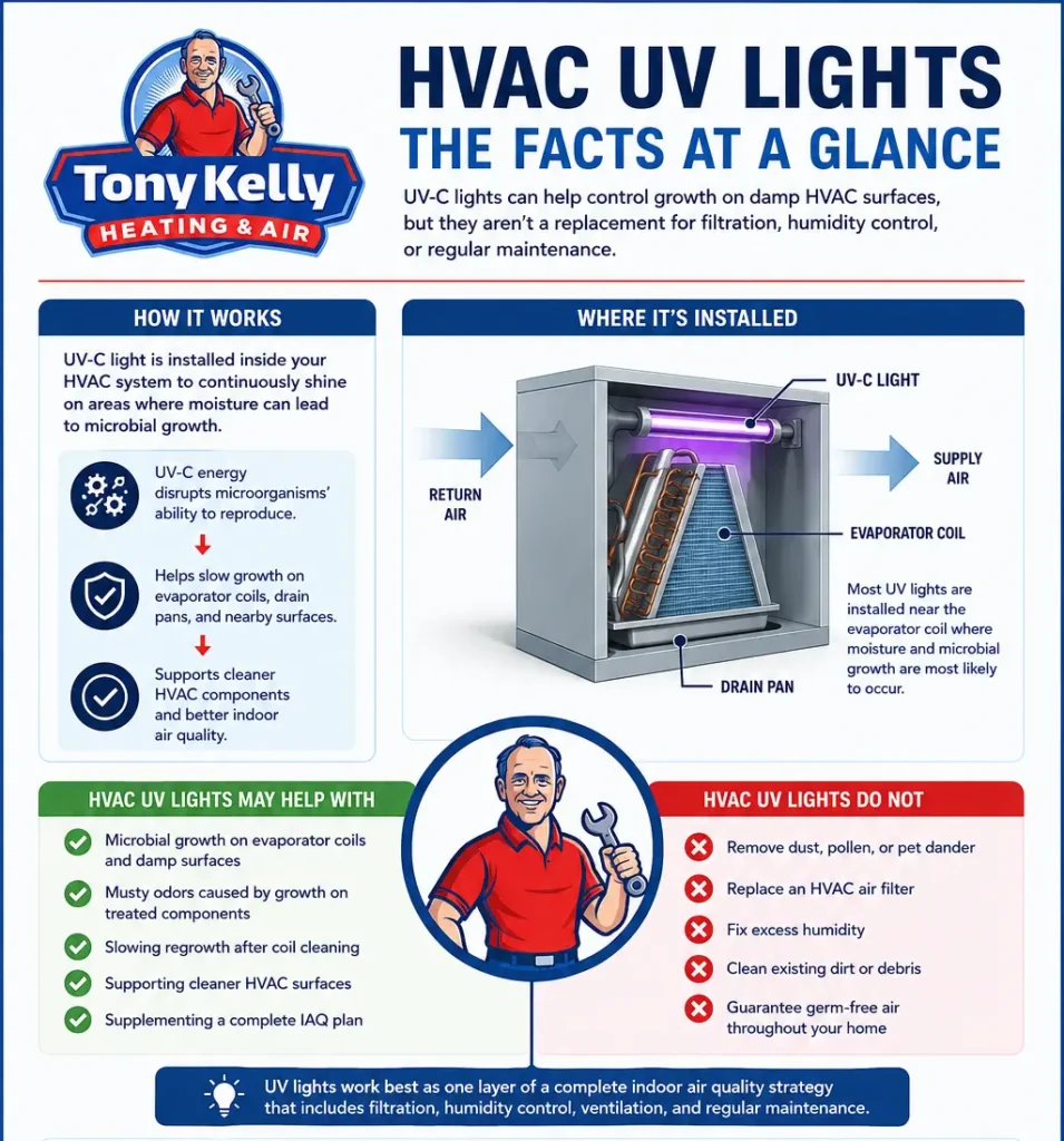Infographic explaining how HVAC UV lights work, where they are installed, their benefits and limitations, maintenance needs, cost factors, and safety considerations.
