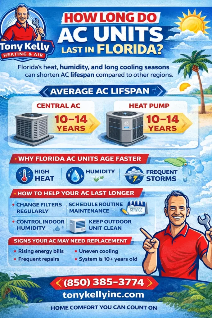 Infographic showing how long AC units typically last in Florida, including central AC and heat pump lifespan ranges and factors like heat, humidity, and storms that affect system longevity.