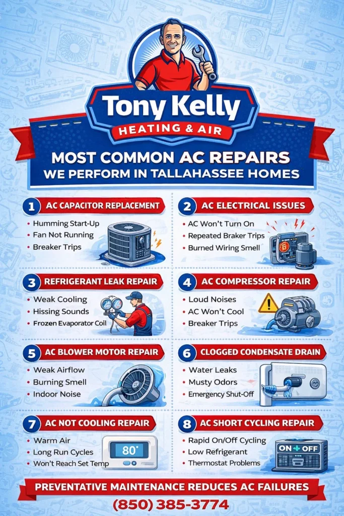 Infographic from Tony Kelly Heating & Air showing the most common AC repairs in Tallahassee homes including capacitor replacement, electrical issues, refrigerant leaks, compressor repair, blower motor repair, clogged drain lines, AC not cooling, and short cycling repair.