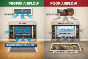 Diagram comparing normal airflow through a clean filter and coil versus restricted airflow causing a frozen AC coil.