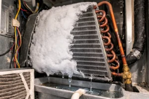 Frozen evaporator coil inside an air handler with ice buildup due to restricted airflow.
