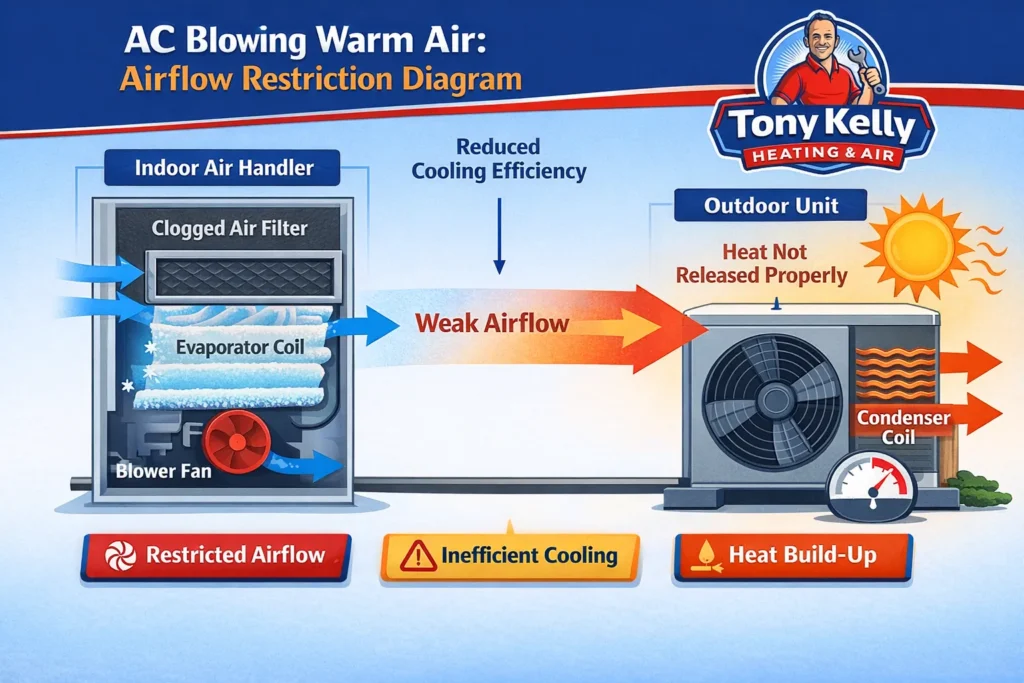 Diagram showing airflow restriction causing AC to blow warm air