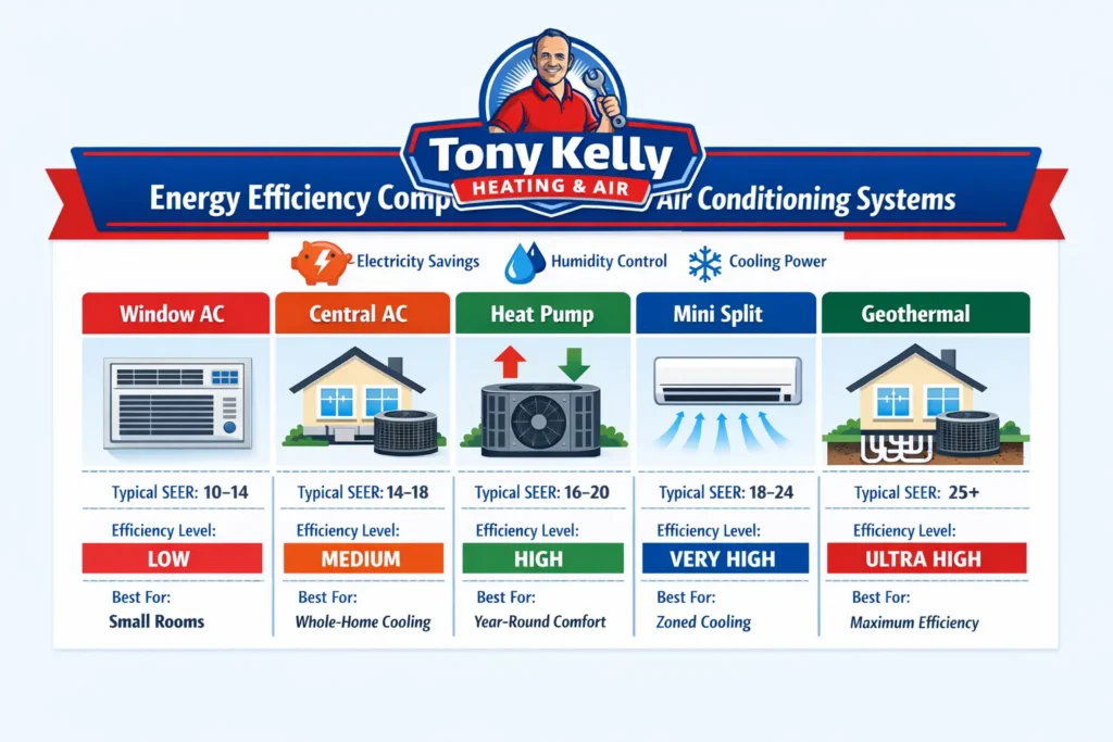 Comparison of energy efficient air conditioning systems including window AC, central AC, heat pump, mini split, and geothermal with typical SEER ratings and efficiency levels