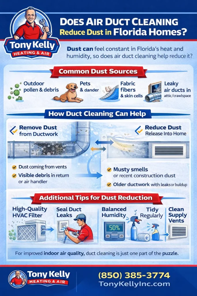 Infographic explaining whether air duct cleaning reduces dust in Florida homes, including dust sources, duct cleaning benefits, and humidity-related dust control tips.