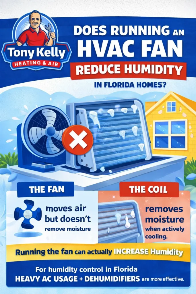 Does running HVAC fan reduce humidity in Florida homes infographic showing fan vs coil and moisture re-evaporation