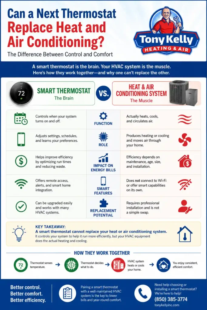 Comparison infographic showing the difference between a smart thermostat and an HVAC heating and air conditioning system, including how thermostats control HVAC equipment but do not replace heating or cooling systems.