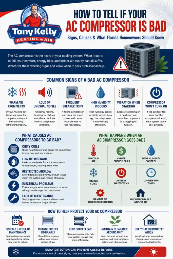 Infographic explaining common signs of a bad AC compressor in Florida homes, including warm air from vents, unusual noises, breaker trips, humidity problems, compressor startup issues, causes of compressor failure, and preventative HVAC maintenance tips.