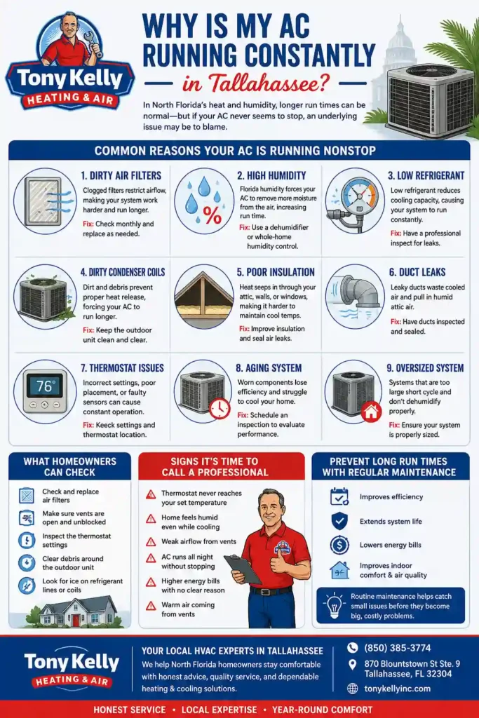 Infographic explaining common reasons an AC runs constantly in Tallahassee homes, including dirty air filters, Florida humidity, refrigerant leaks, duct leaks, insulation issues, thermostat problems, and HVAC maintenance tips.