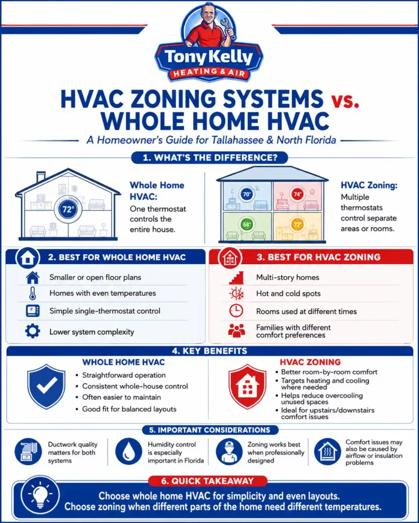 Infographic comparing HVAC zoning systems and whole home HVAC systems for Tallahassee and North Florida homes, including thermostat control, best-fit home layouts, comfort benefits, ductwork considerations, and humidity control.