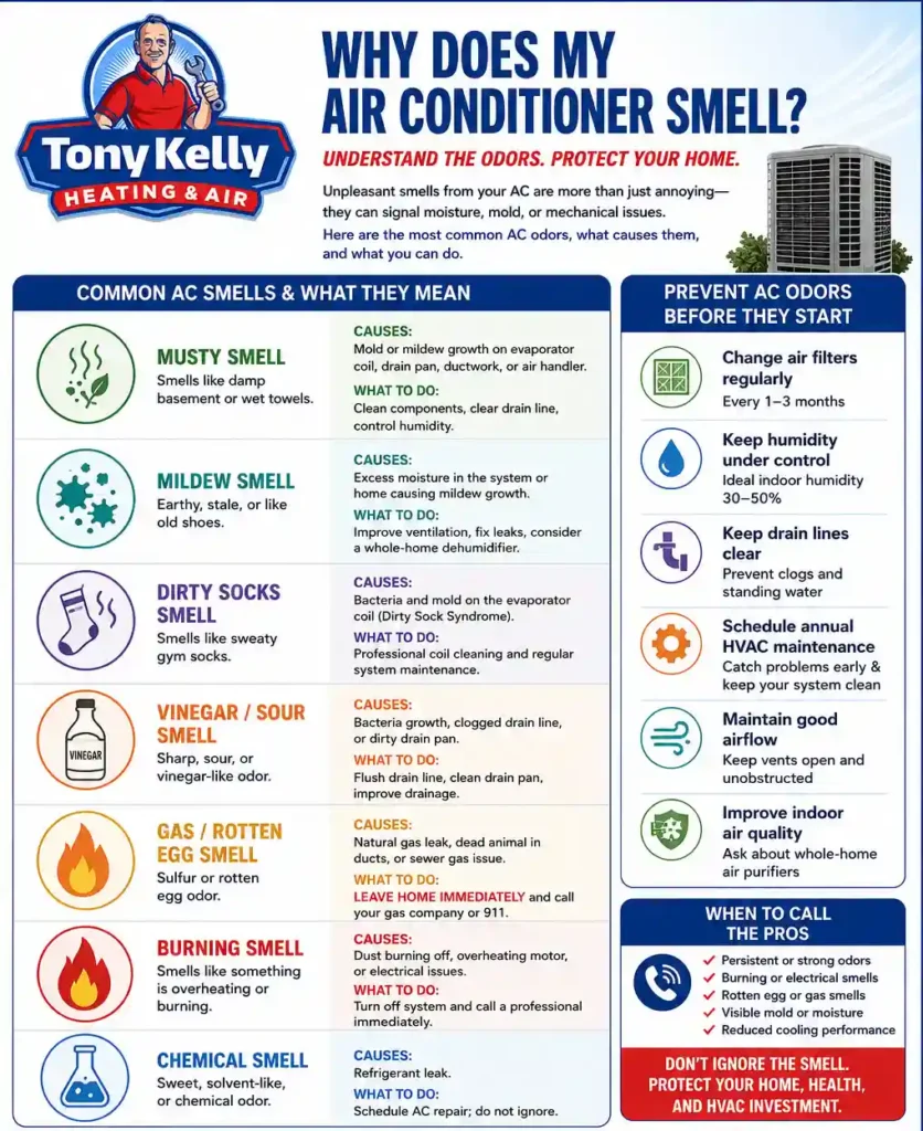 Infographic explaining common air conditioner smells including musty, mildew, dirty sock, vinegar, gas, burning, and chemical odors, their causes, prevention tips, and when to call an HVAC professional in Tallahassee and North Florida.