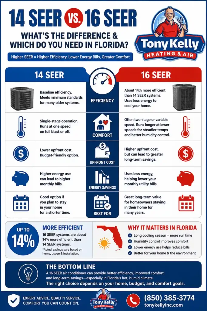 Infographic comparing 14 SEER vs. 16 SEER air conditioners, including efficiency, comfort, upfront cost, energy savings, and why 16 SEER can matter for Florida homeowners.