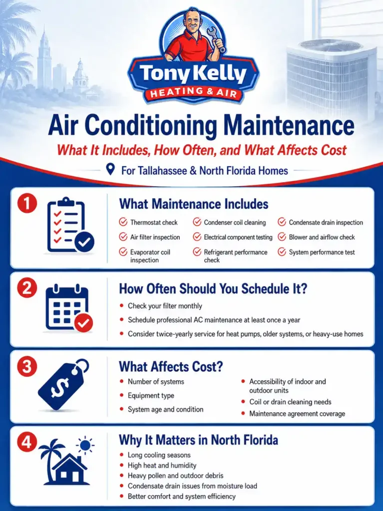 Air conditioning maintenance infographic showing what AC maintenance includes, how often to schedule service, cost factors, and North Florida climate considerations.