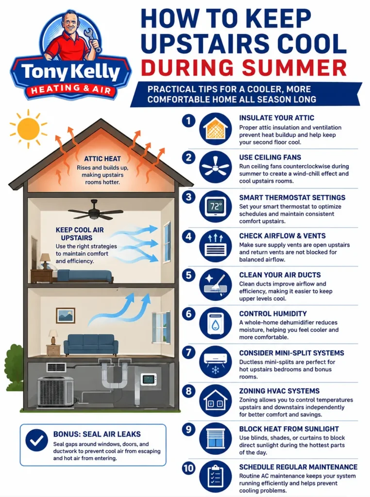 Infographic showing 10 ways to keep upstairs rooms cool during summer, including attic insulation, ceiling fans, smart thermostat settings, improved airflow, humidity control, HVAC zoning, mini-splits, and regular AC maintenance.