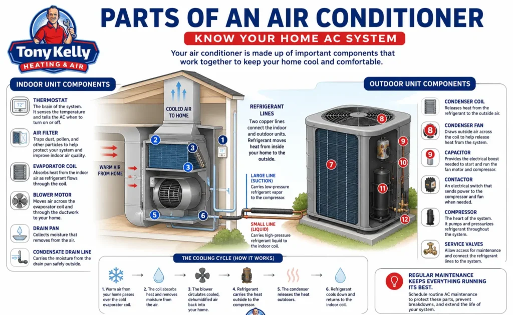 Infographic showing the main indoor and outdoor parts of an air conditioner, including the evaporator coil, blower motor, thermostat, compressor, condenser coil, fan, capacitor, contactor, refrigerant lines, and condensate drain.