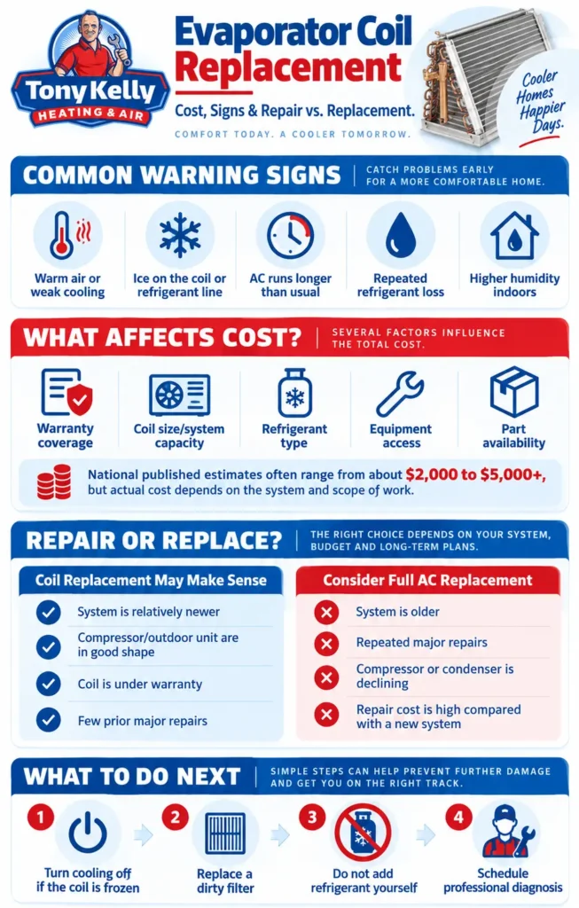 Evaporator coil replacement infographic showing warning signs, cost factors, repair vs. AC replacement considerations, and what homeowners should do next.